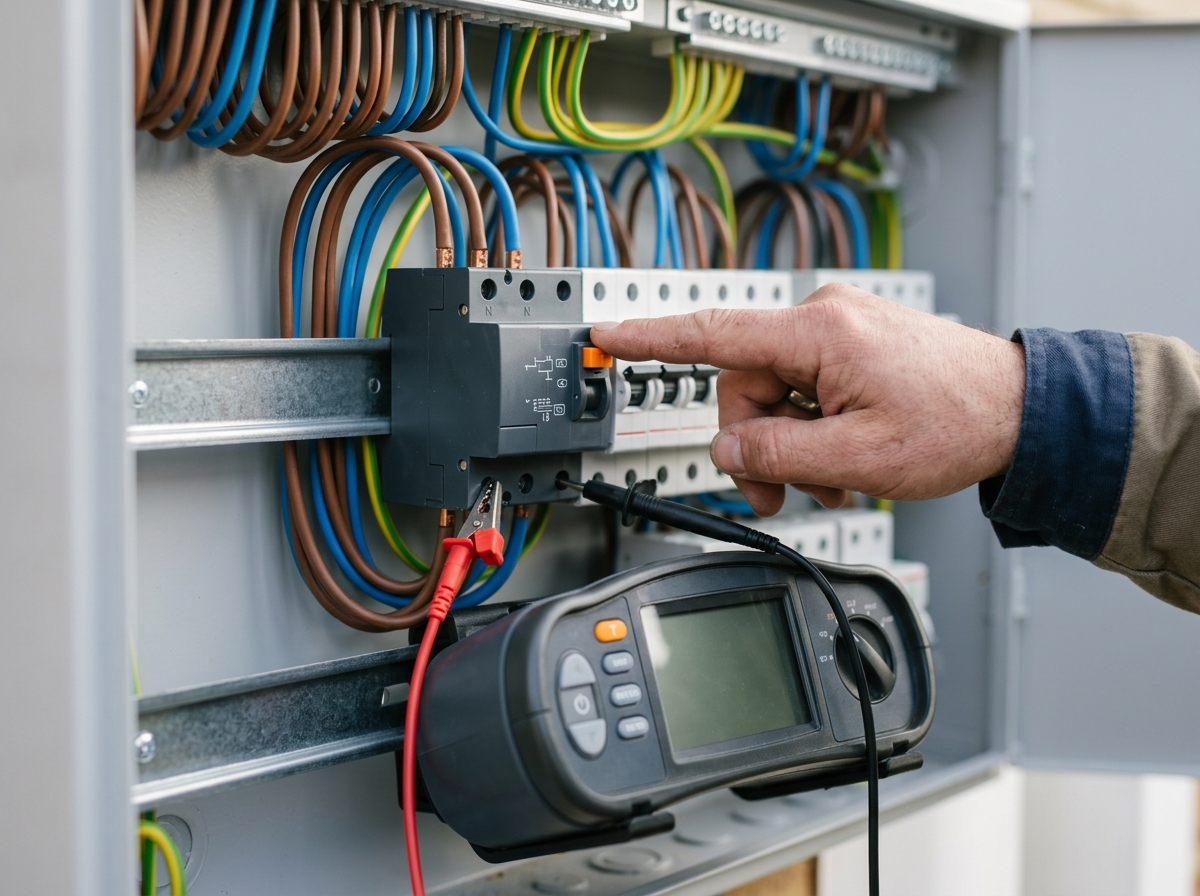 A hand presses the test button of a residual current device in the open distribution board, with a test device and connected measuring leads beside it