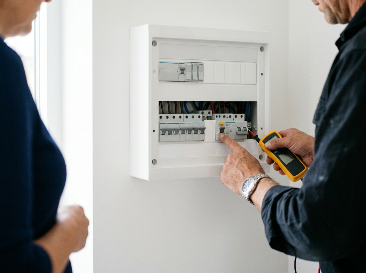 Elektriker löst an der neuen Verteilung den Fehlerstromschutzschalter über die Prüftaste aus, daneben der Installationstester