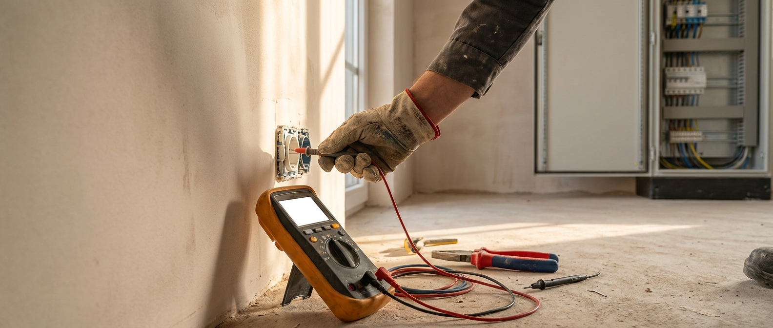 Messgerät beim Prüfen einer Steckdose in einer frisch verputzten Wand, Hand im Arbeitshandschuh am Prüfadapter