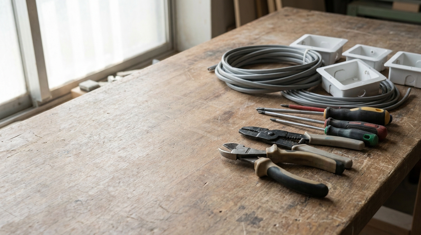 An electrician's tools on a workbench: pliers, screwdrivers, a coil of sheathed cable and flush-mounted boxes