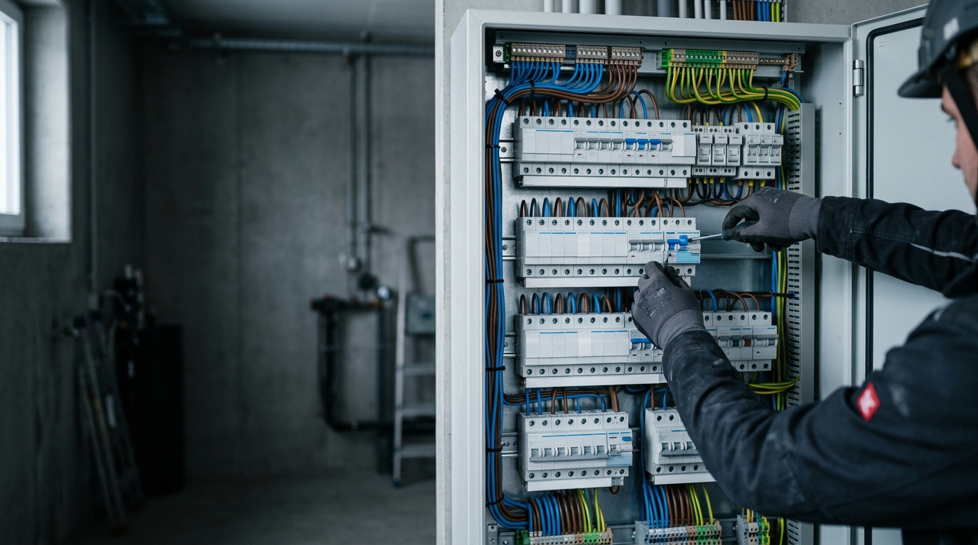 Open modern sub-distribution board with neatly routed cables, gloved hands fitting a circuit breaker