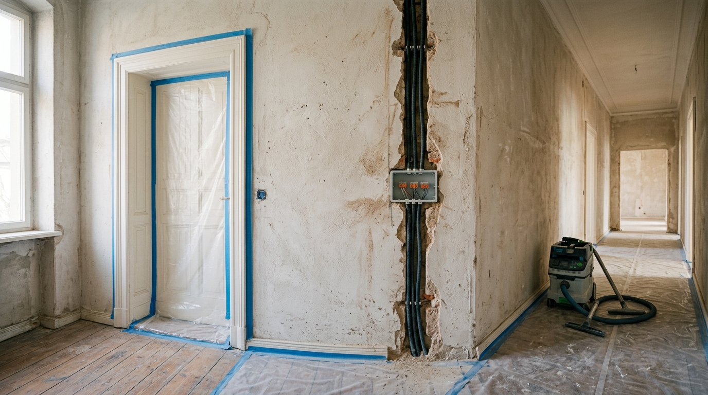 Altbauflur mit gestemmtem Wandschlitz und neuen Installationsrohren, die Tür ist mit Folie abgeklebt, der Boden mit Staubschutzfolie abgedeckt, daneben ein Industriesauger