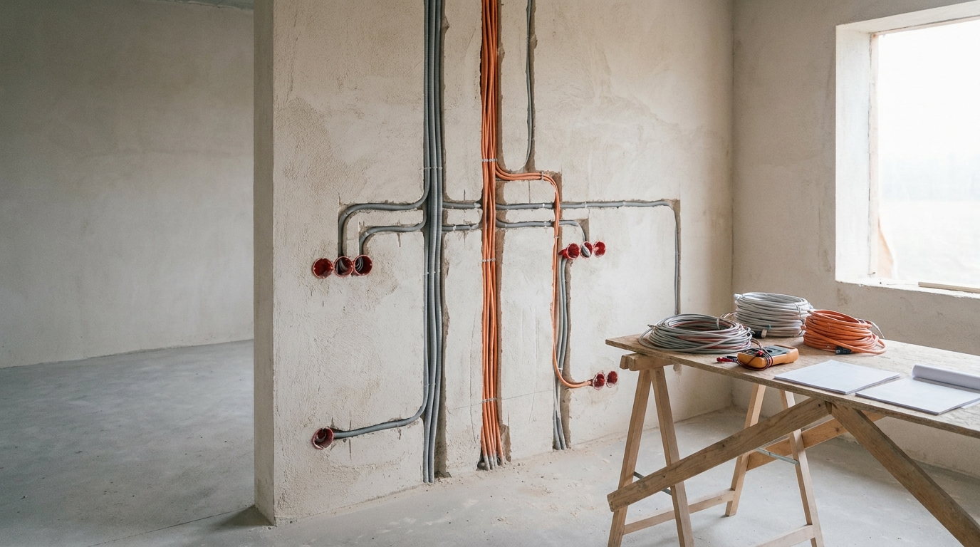 Unplastered shell wall with milled channels, installed conduits, cables and recessed flush-mounted boxes