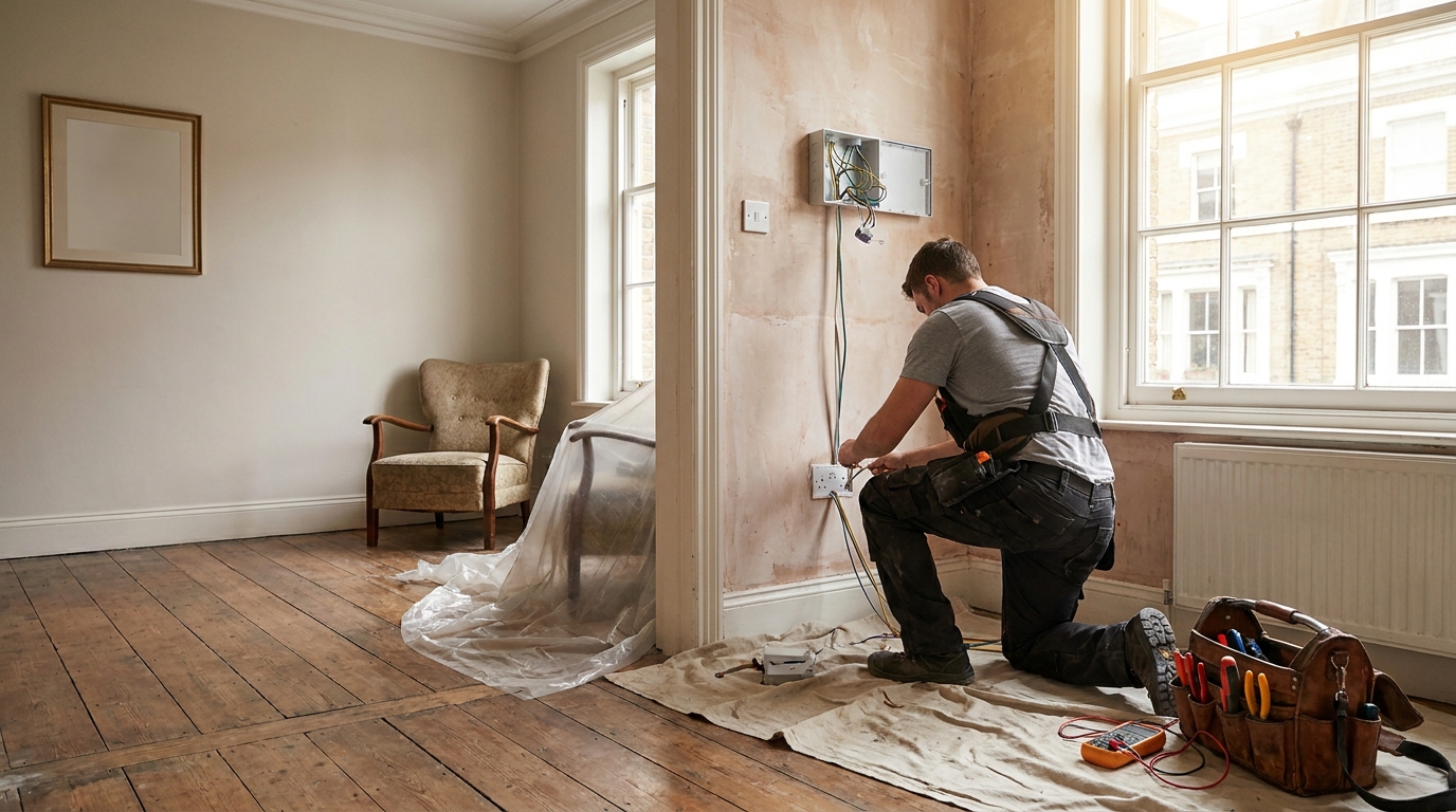Elektriker montiert eine neue Steckdose an der Wand eines Altbau-Wohnzimmers, Staubschutzfolie liegt auf dem Dielenboden