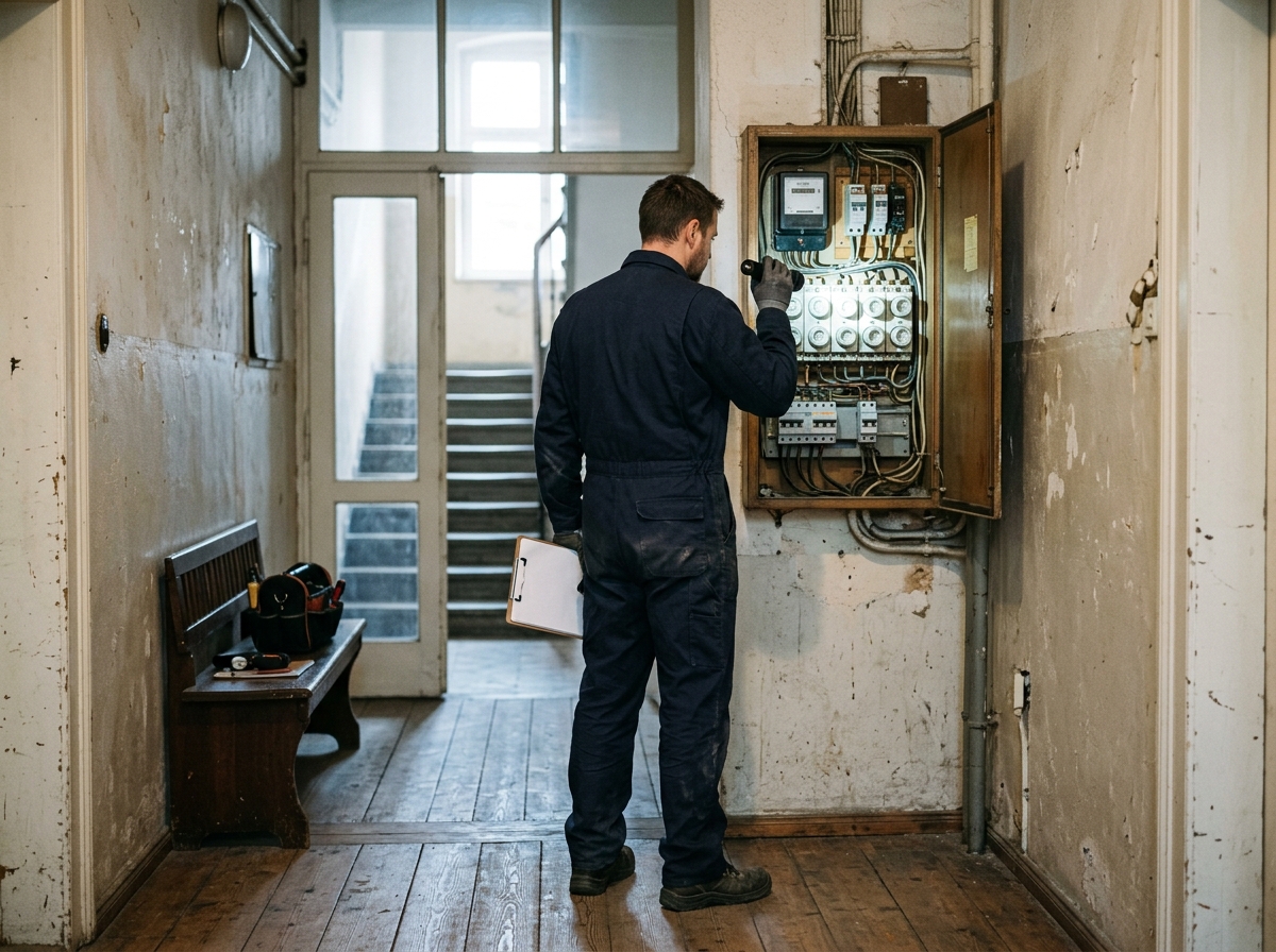 Elektriker leuchtet mit einer Taschenlampe in einen geöffneten älteren Zählerschrank im Altbauflur