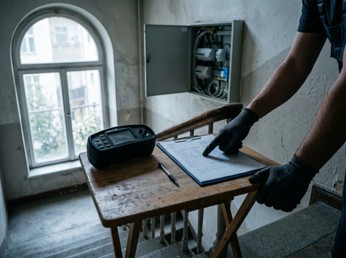 Test report and installation tester on a work table in front of the open distribution cabinet in the stairwell, two hands during the discussion
