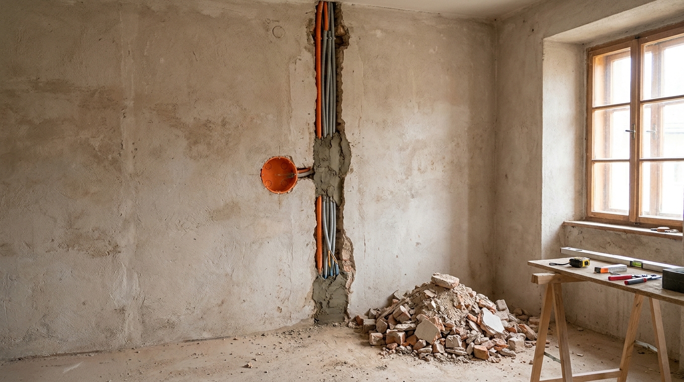 A chiselled-open cable channel in an old building wall with newly laid conduits and a flush-mounted box