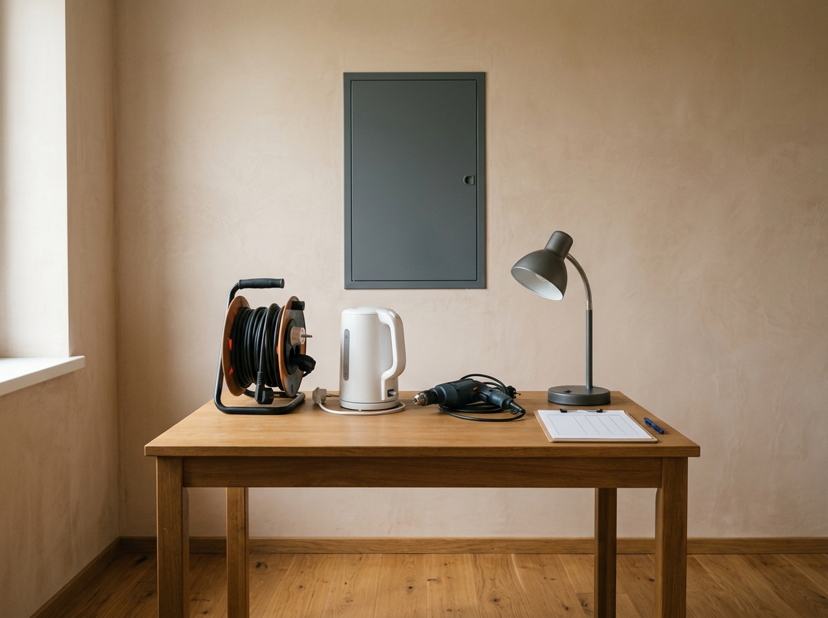 Portable appliances on a table next to a clipboard with an empty checklist, with a closed distribution cabinet behind