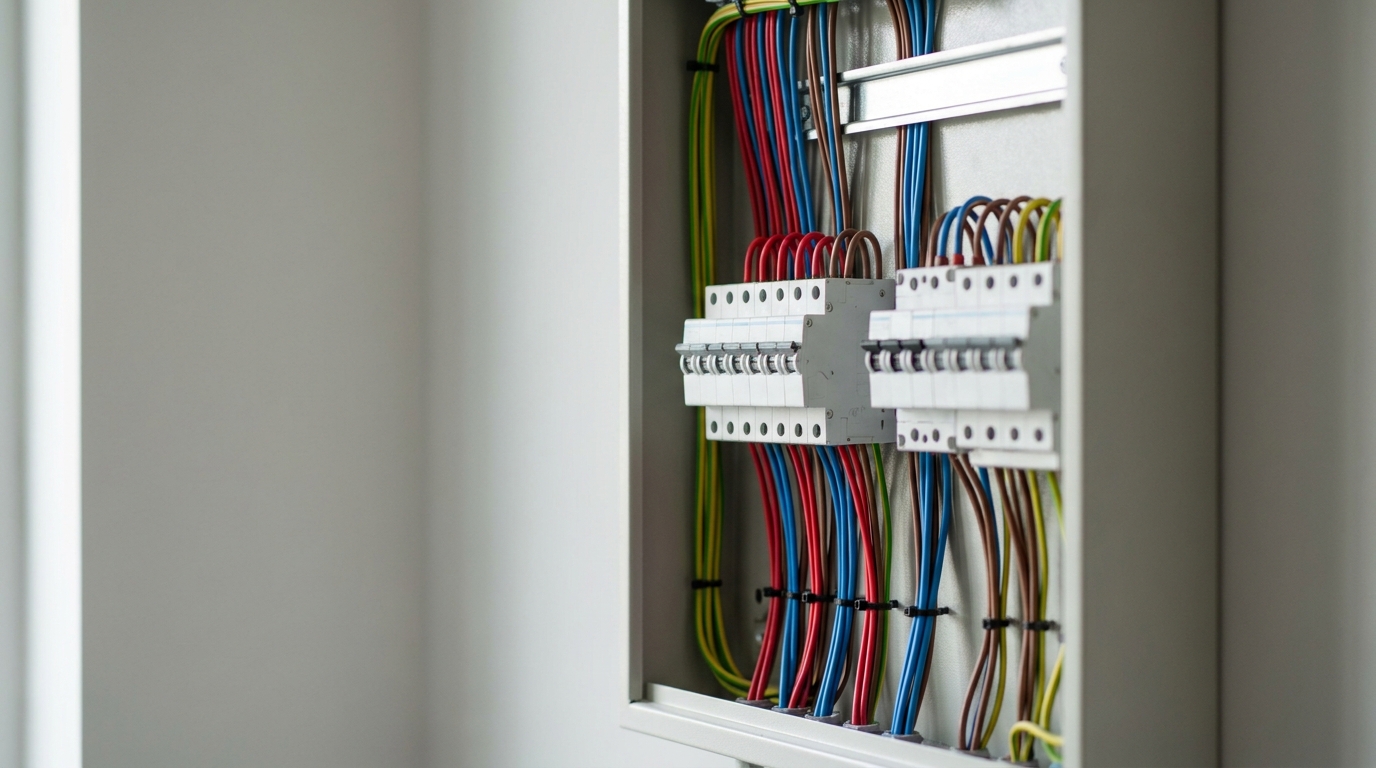 Close-up of an open sub-distribution board with rows of circuit breakers and neatly routed coloured wires