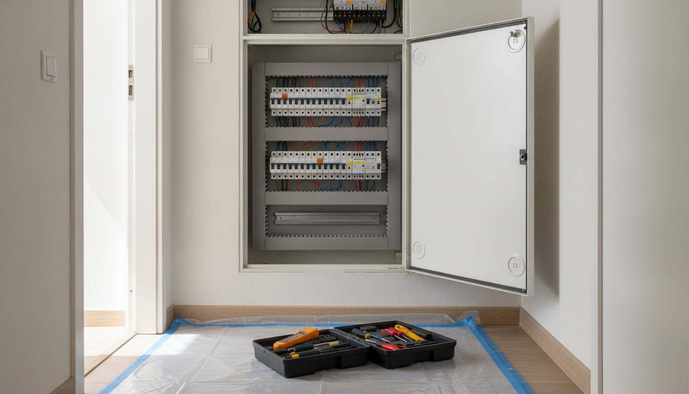 Geöffneter Zählerschrank mit Sicherungsautomaten im Hausflur, davor mit Klebeband fixierte Schutzfolie und zwei Werkzeugschalen