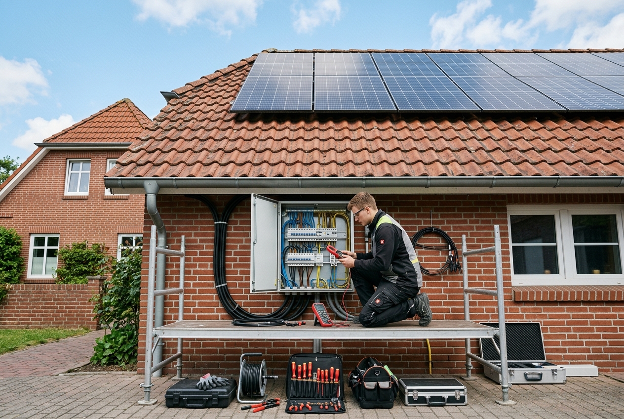 Photovoltaikanlage auf dem Ziegeldach eines norddeutschen Wohnhauses