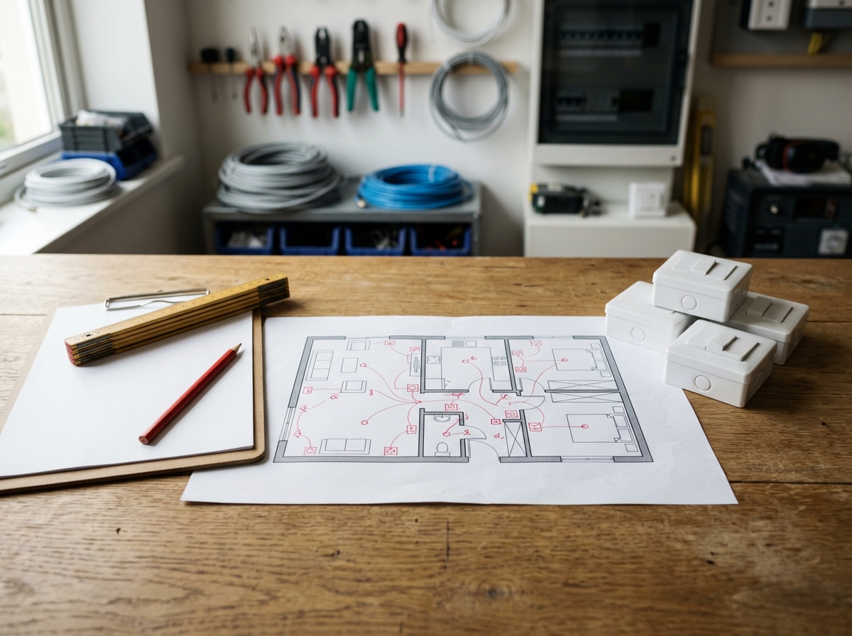 Grundriss einer Wohnung mit eingezeichneten Steckdosen, daneben Klemmbrett mit Materialliste, Zollstock und neue Schalterdosen