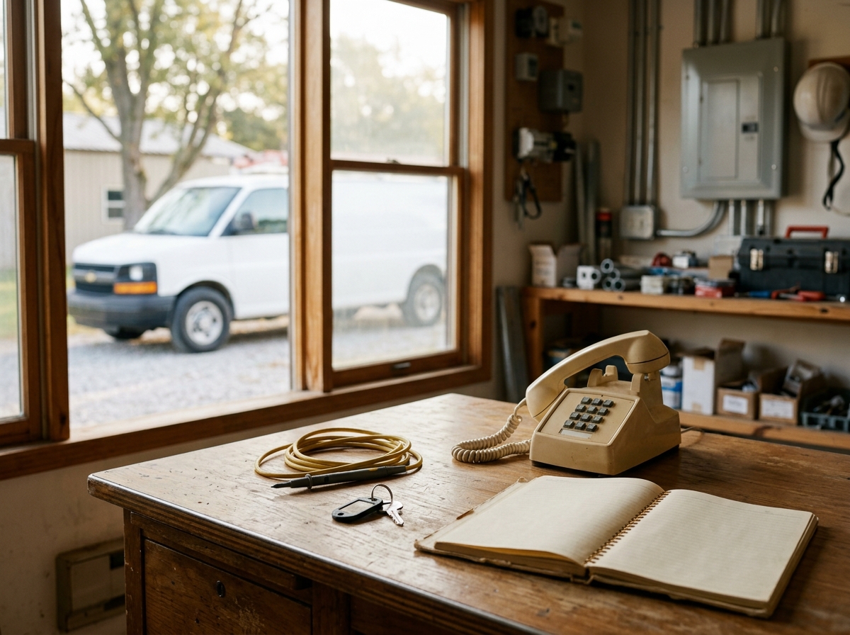 Desk in an electrician's office with the phone receiver lifted, an open appointment book, and car keys, with the service van visible outside