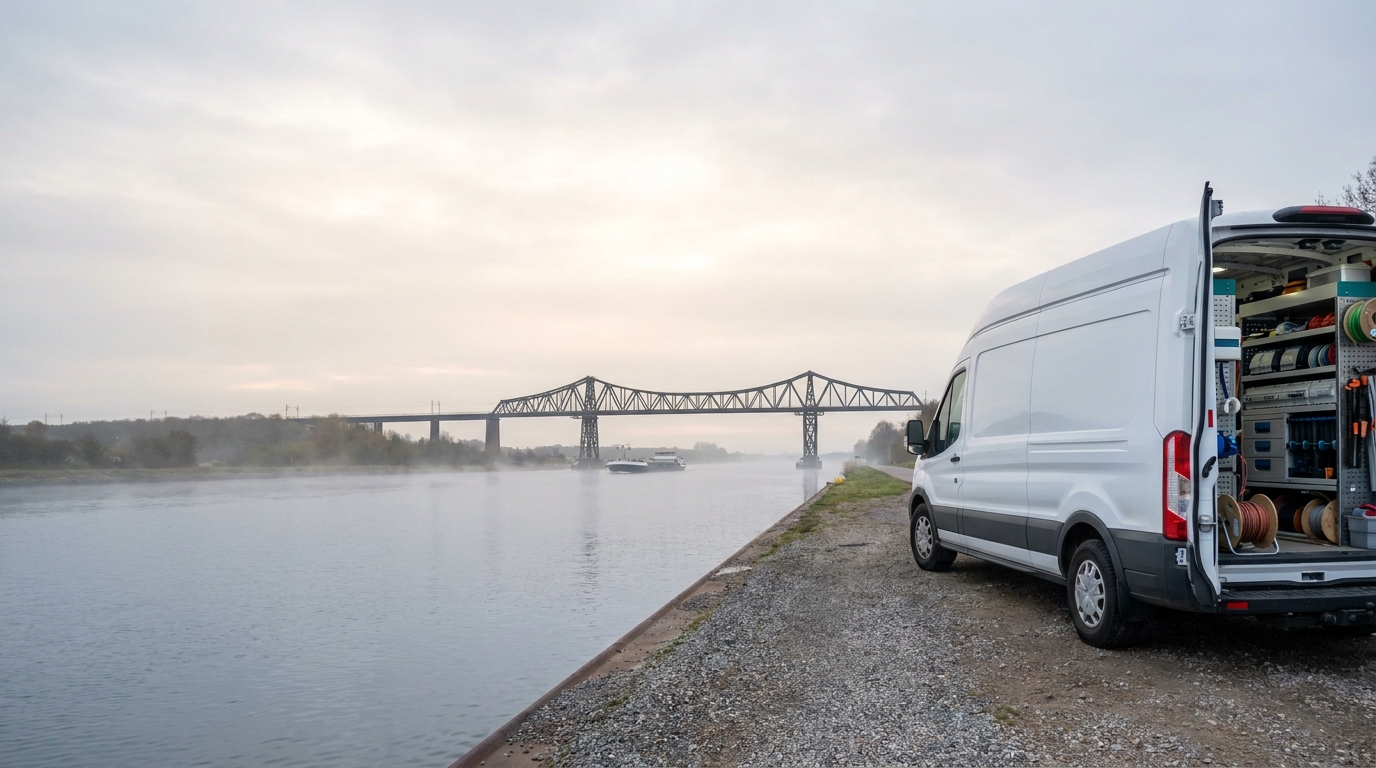 Unbeschrifteter weißer Montagewagen am Ufer des Nord-Ostsee-Kanals, im Hintergrund die Rendsburger Hochbrücke und ein Frachtschiff