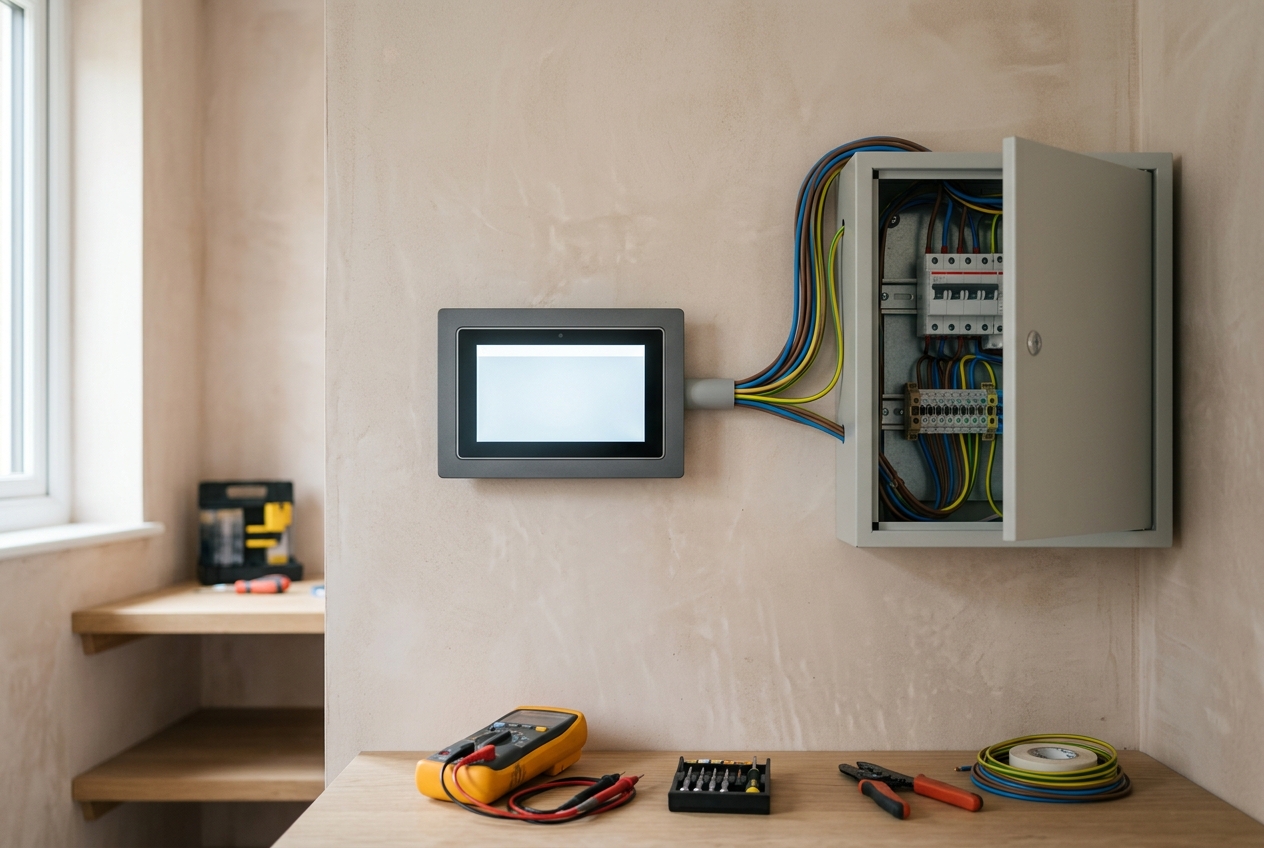Smart-Home-Bedienpanel an der Wand, daneben ein kompakter Verteilerschrank