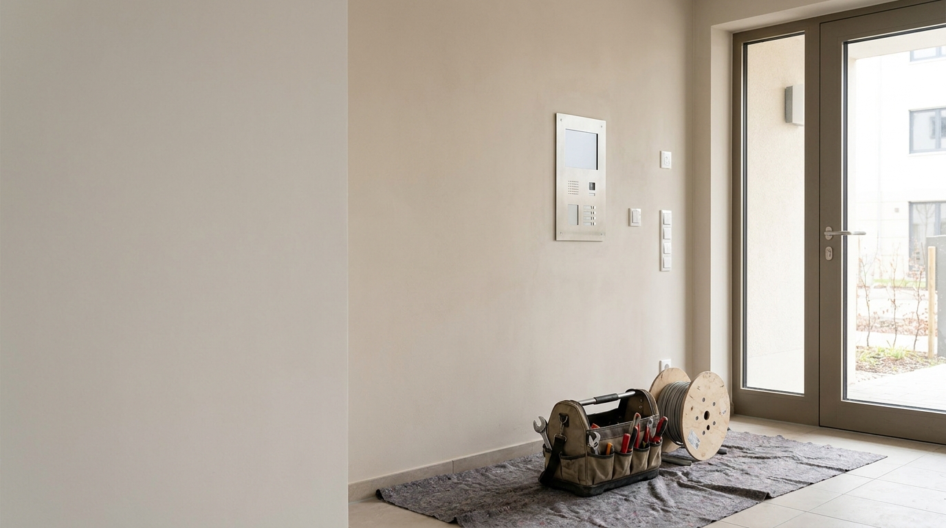 Hausflur eines Mehrfamilienhauses mit neu montierter Sprechanlage und Werkzeugtasche auf einer Abdeckdecke am Boden
