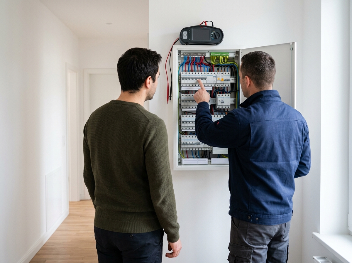 Elektriker erklärt an der neu verdrahteten Verteilung, welcher Sicherungsautomat welchen Stromkreis trennt