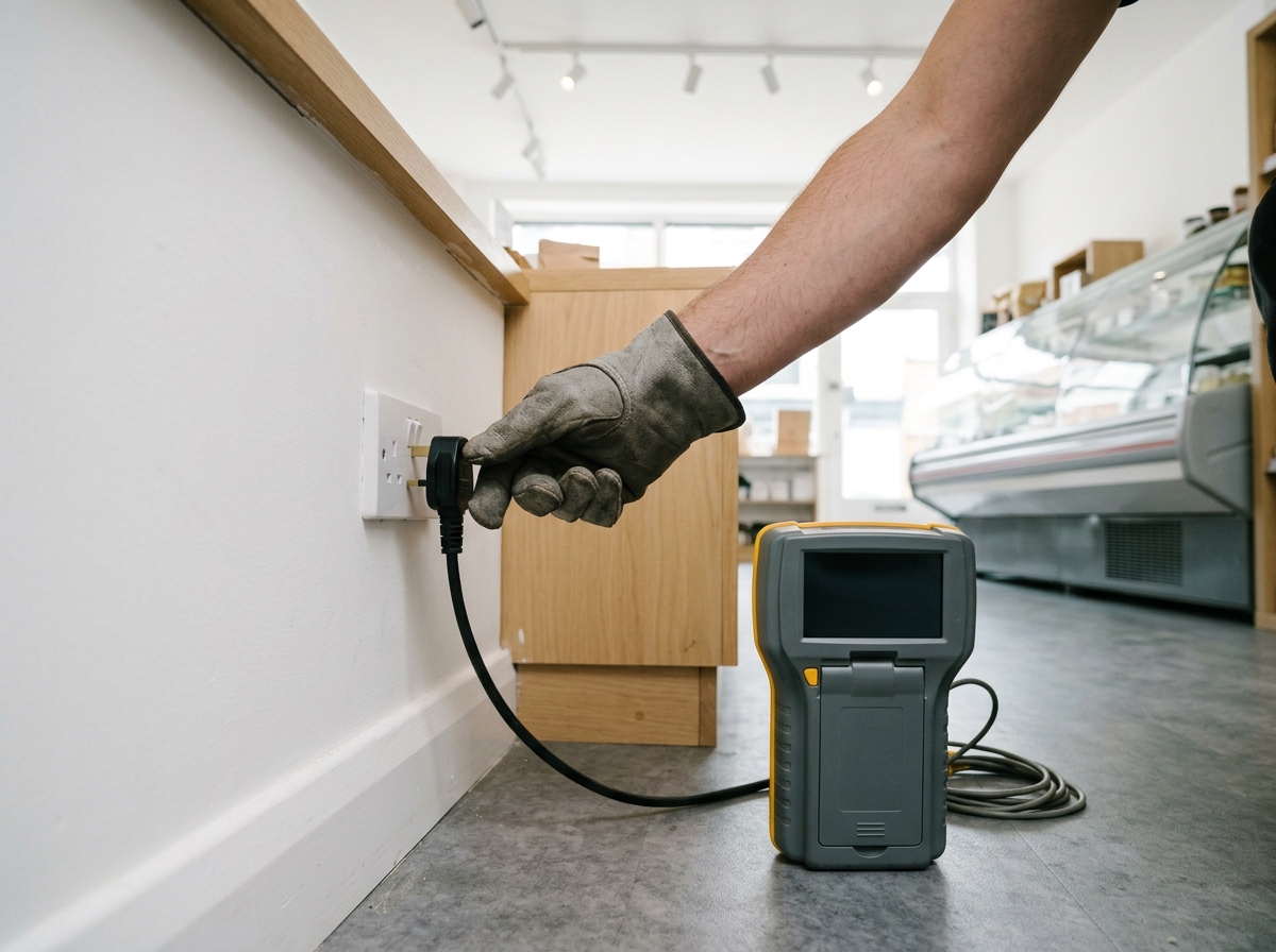 Behandschuhte Hand misst mit den Prüfspitzen eines Installationstesters an einem Fehlerstromschutzschalter in einer Gewerbe-Unterverteilung