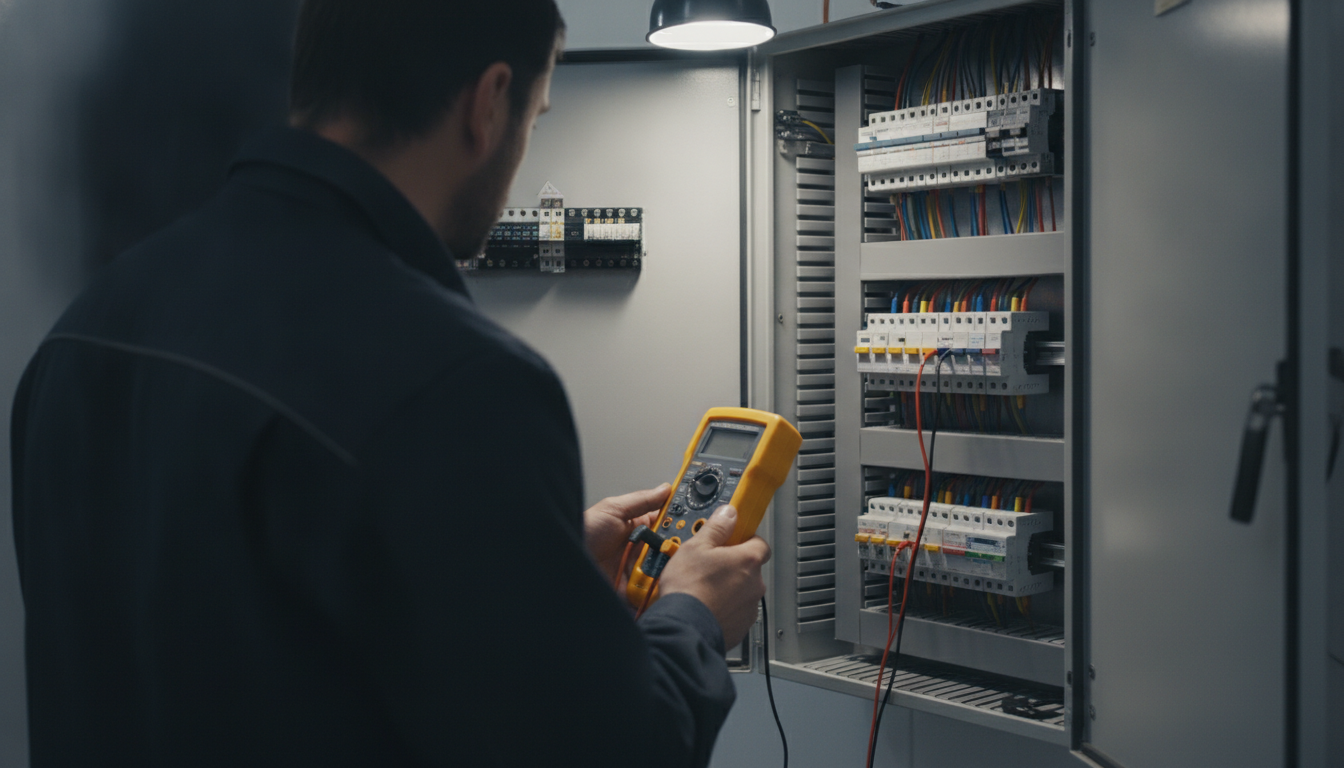Elektrofachkraft prüft mit einem Installationstester die Sicherungsautomaten in einem geöffneten Zählerschrank