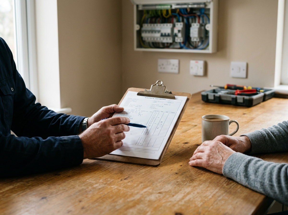 Electrician explaining the test report at the kitchen table, with the open distribution board in the background