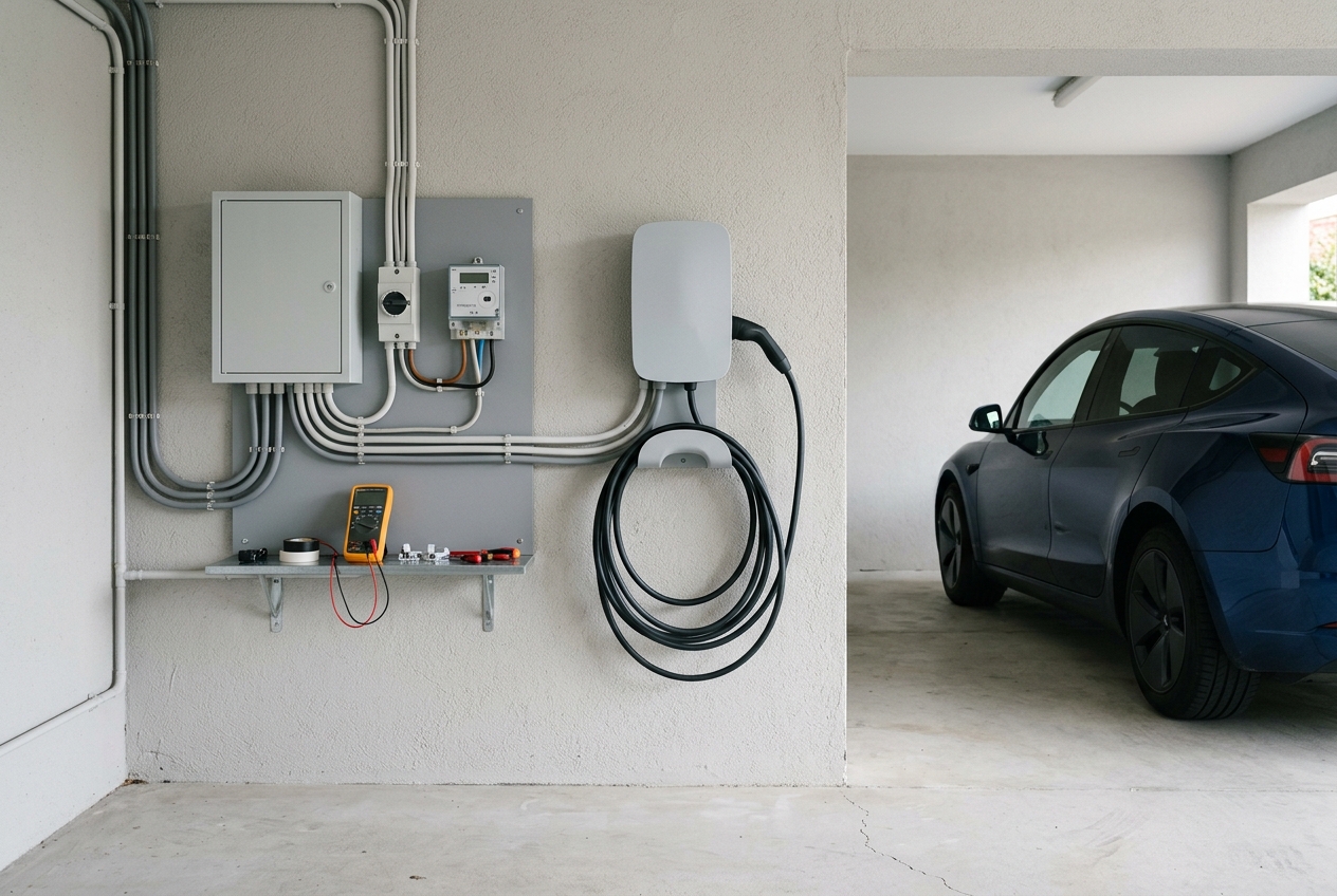 Wallbox im Carport mit ordentlich aufgerollter Ladeleitung
