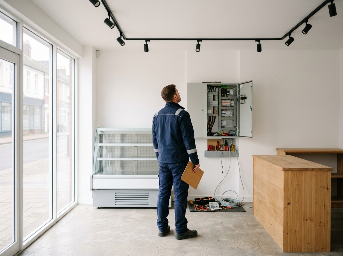 Elektriker mit Klemmbrett begeht eine leere Ladenfläche mit Lichtschienen, Kühlvitrine und Verteilerschrank