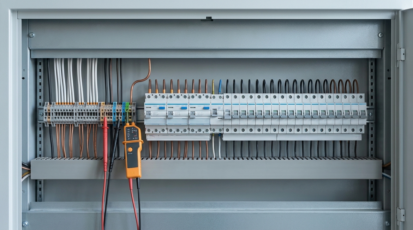 Open sub-distribution board with residual current devices and circuit breakers, with a two-pole voltage tester hanging on the terminal strip