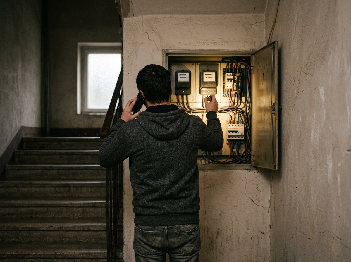 Resident on the phone in a dark stairwell, shining a torch on the opened meter cabinet