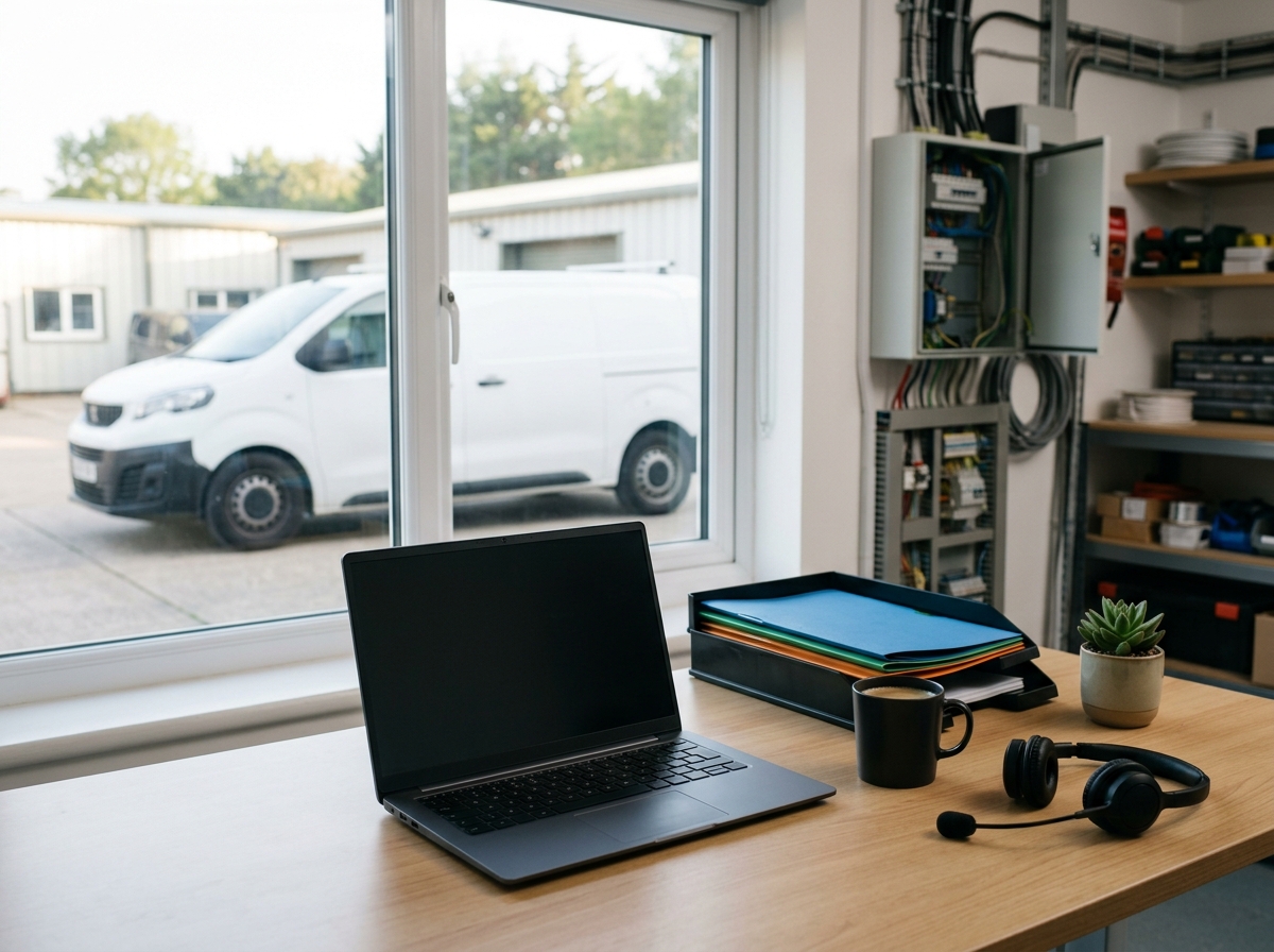 Aufgeräumter heutiger Büroarbeitsplatz eines Elektrobetriebs mit zugeklapptem Laptop, sortierten Mappen und Headset, draußen der Werkstattwagen