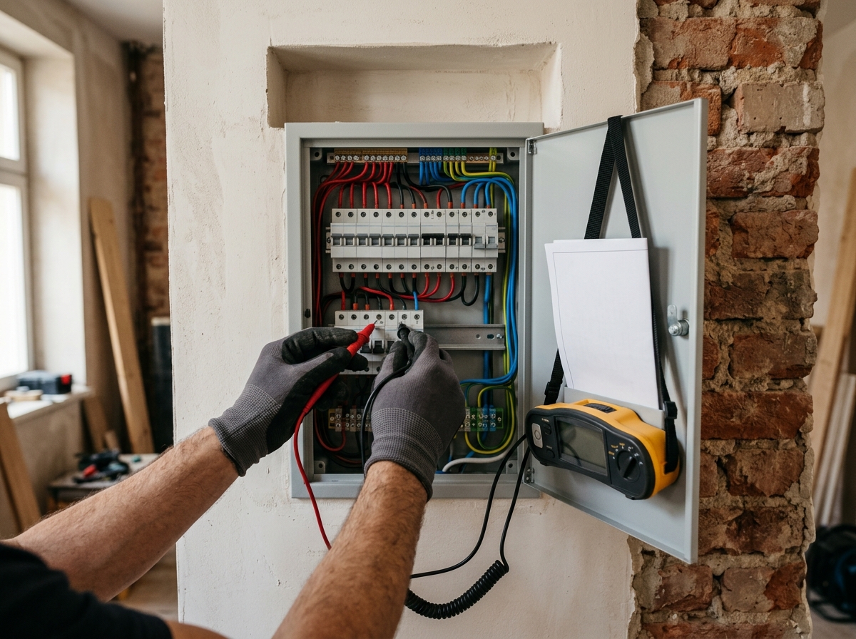 Behandschuhte Hände messen mit einem Installationstester an der neu eingebauten Verteilung im sanierten Altbau